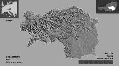 Steiermark 'ın şekli, Avusturya eyaleti ve başkenti. Uzaklık ölçeği, ön gösterimler ve etiketler. Çift seviyeli yükseklik haritası. 3B görüntüleme
