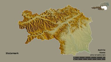 Avusturya devleti Steiermark 'ın şekli, sermayesi sağlam bir zemin üzerinde izole edilmiştir. Uzaklık ölçeği, bölge önizlemesi ve etiketleri. Topografik yardım haritası. 3B görüntüleme