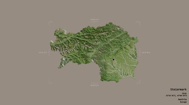 Steiermark bölgesi, Avusturya eyaleti, katı bir arka planda izole edilmiş bir sınır kutusunda. Etiketler. Uydu görüntüleri. 3B görüntüleme