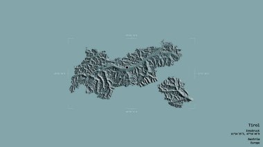 Tirol bölgesi, Avusturya eyaleti, jeoreferatlı bir sınır kutusunda sağlam bir arka planda izole edilmiş. Etiketler. Renkli yükseklik haritası. 3B görüntüleme