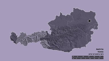 Avusturya 'nın, başkenti, ana bölgesel bölünmesi ve ayrılan Tirol bölgesi ile dejenere edilmiş şekli. Etiketler. Renkli yükseklik haritası. 3B görüntüleme