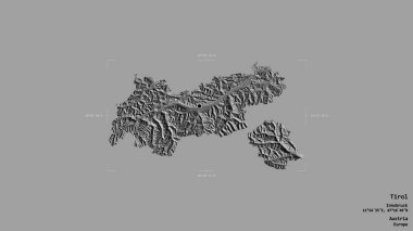 Tirol bölgesi, Avusturya eyaleti, jeoreferatlı bir sınır kutusunda sağlam bir arka planda izole edilmiş. Etiketler. Çift seviyeli yükseklik haritası. 3B görüntüleme