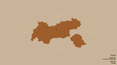 Tirol bölgesi, Avusturya eyaleti, jeoreferatlı bir sınır kutusunda sağlam bir arka planda izole edilmiş. Etiketler. Desenli dokuların bileşimi. 3B görüntüleme