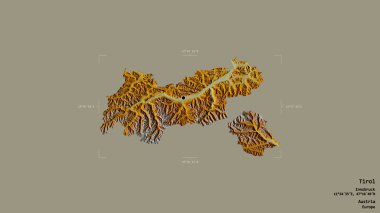 Tirol bölgesi, Avusturya eyaleti, jeoreferatlı bir sınır kutusunda sağlam bir arka planda izole edilmiş. Etiketler. Topografik yardım haritası. 3B görüntüleme