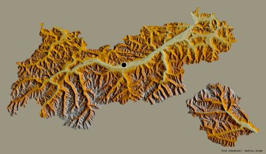 Avusturya devleti Tirol 'ün şekli, başkenti katı bir renk arkaplanı ile izole edilmiştir. Topografik yardım haritası. 3B görüntüleme