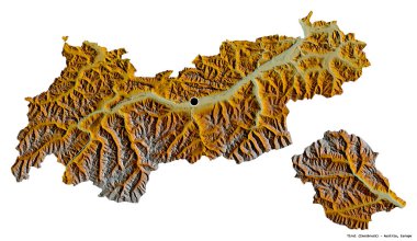 Tirol, Avusturya eyaleti, başkenti beyaz arka planda izole edilmiş. Topografik yardım haritası. 3B görüntüleme