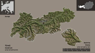 Tirol 'ün şekli, Avusturya eyaleti ve başkenti. Uzaklık ölçeği, ön gösterimler ve etiketler. Uydu görüntüleri. 3B görüntüleme