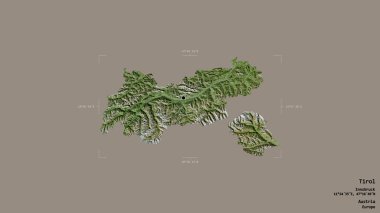 Tirol bölgesi, Avusturya eyaleti, jeoreferatlı bir sınır kutusunda sağlam bir arka planda izole edilmiş. Etiketler. Uydu görüntüleri. 3B görüntüleme
