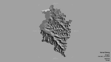 Vorarlberg bölgesi, Avusturya eyaleti, katı bir arka planda izole edilmiş bir sınır kutusunda. Etiketler. Çift seviyeli yükseklik haritası. 3B görüntüleme