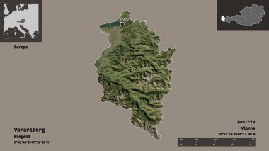 Vorarlberg 'in şekli, Avusturya eyaleti ve başkenti. Uzaklık ölçeği, ön gösterimler ve etiketler. Uydu görüntüleri. 3B görüntüleme