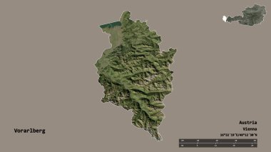 Vorarlberg 'in şekli, Avusturya eyaleti, başkenti sağlam bir zemin üzerinde izole edilmiş. Uzaklık ölçeği, bölge önizlemesi ve etiketleri. Uydu görüntüleri. 3B görüntüleme
