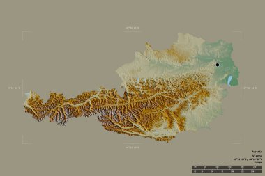 Avusturya bölgesi katı bir arka planda jeoreferatlı bir sınır kutusunda izole edilmiş. Ana bölgesel bölüm, mesafe ölçeği, etiketler. Topografik yardım haritası. 3B görüntüleme