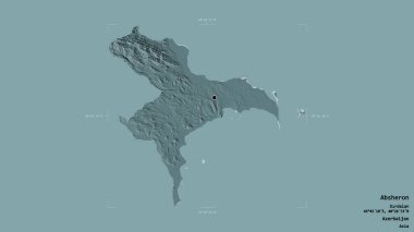 Absheron bölgesi, Azerbaycan bölgesi, jeoreferatlı bir sınır kutusunun sağlam bir arka planında izole edilmiş. Etiketler. Renkli yükseklik haritası. 3B görüntüleme