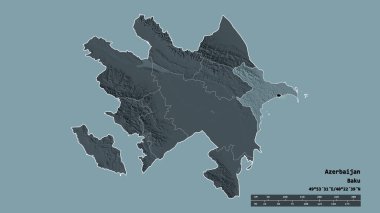 Başkenti, ana bölgesel bölümü ve ayrılmış Absheron bölgesiyle Azerbaycan 'ın dejenere edilmiş şekli. Etiketler. Renkli yükseklik haritası. 3B görüntüleme