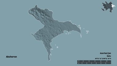 Azerbaycan 'ın Absheron bölgesi, başkenti sağlam bir zemin üzerinde izole edilmiştir. Uzaklık ölçeği, bölge önizlemesi ve etiketleri. Renkli yükseklik haritası. 3B görüntüleme