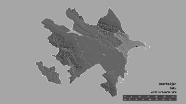 Başkenti, ana bölgesel bölümü ve ayrılmış Absheron bölgesiyle Azerbaycan 'ın dejenere edilmiş şekli. Etiketler. Çift seviyeli yükseklik haritası. 3B görüntüleme