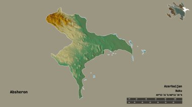 Azerbaycan 'ın Absheron bölgesi, başkenti sağlam bir zemin üzerinde izole edilmiştir. Uzaklık ölçeği, bölge önizlemesi ve etiketleri. Topografik yardım haritası. 3B görüntüleme
