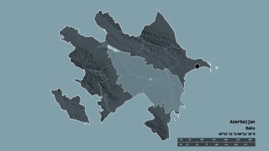 Başkenti, ana bölgesel bölümü ve ayrılmış Aran bölgesiyle Azerbaycan 'ın dejenere edilmiş şekli. Etiketler. Renkli yükseklik haritası. 3B görüntüleme
