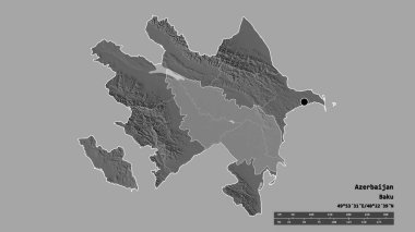 Başkenti, ana bölgesel bölümü ve ayrılmış Aran bölgesiyle Azerbaycan 'ın dejenere edilmiş şekli. Etiketler. Çift seviyeli yükseklik haritası. 3B görüntüleme