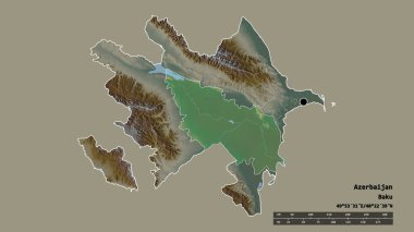 Başkenti, ana bölgesel bölümü ve ayrılmış Aran bölgesiyle Azerbaycan 'ın dejenere edilmiş şekli. Etiketler. Topografik yardım haritası. 3B görüntüleme