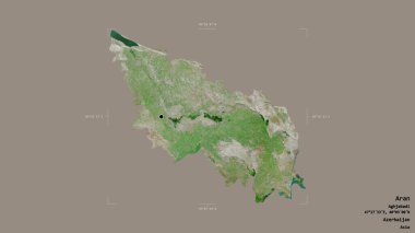 Aran bölgesi, Azerbaycan bölgesi, jeoreferatlı bir sınır kutusunda katı bir zemin üzerinde izole edilmiş. Etiketler. Uydu görüntüleri. 3B görüntüleme
