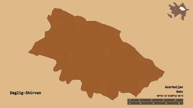 Daglig-Shirvan 'ın şekli, Azerbaycan bölgesi, sermayesi sağlam arka planda izole edilmiş. Uzaklık ölçeği, bölge önizlemesi ve etiketleri. Desenli dokuların bileşimi. 3B görüntüleme