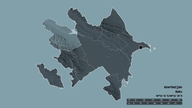 Başkenti, ana bölgesel bölümü ve ayrılmış Ganja-Kazak bölgesiyle Azerbaycan 'ın dejenere edilmiş şekli. Etiketler. Renkli yükseklik haritası. 3B görüntüleme