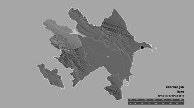 Başkenti, ana bölgesel bölümü ve ayrılmış Ganja-Kazak bölgesiyle Azerbaycan 'ın dejenere edilmiş şekli. Etiketler. Çift seviyeli yükseklik haritası. 3B görüntüleme
