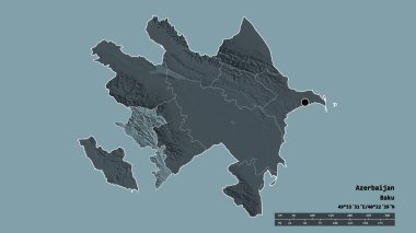 Başkenti, ana bölgesel bölümü ve ayrılmış Kalbajar-Lachin bölgesiyle Azerbaycan 'ın deforme edilmiş şekli. Etiketler. Renkli yükseklik haritası. 3B görüntüleme