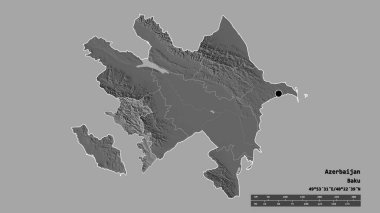 Başkenti, ana bölgesel bölümü ve ayrılmış Kalbajar-Lachin bölgesiyle Azerbaycan 'ın deforme edilmiş şekli. Etiketler. Çift seviyeli yükseklik haritası. 3B görüntüleme