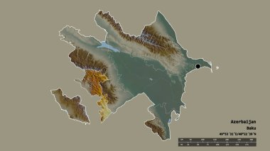 Başkenti, ana bölgesel bölümü ve ayrılmış Kalbajar-Lachin bölgesiyle Azerbaycan 'ın deforme edilmiş şekli. Etiketler. Topografik yardım haritası. 3B görüntüleme