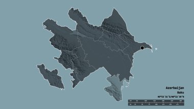 Başkenti, ana bölgesel bölümü ve ayrılmış Lankaran bölgesiyle Azerbaycan 'ın dejenere edilmiş şekli. Etiketler. Renkli yükseklik haritası. 3B görüntüleme