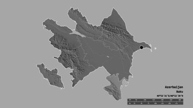 Başkenti, ana bölgesel bölümü ve ayrılmış Lankaran bölgesiyle Azerbaycan 'ın dejenere edilmiş şekli. Etiketler. Çift seviyeli yükseklik haritası. 3B görüntüleme