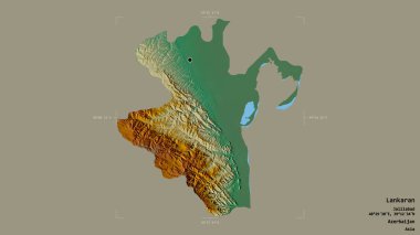 Lankaran bölgesi, Azerbaycan bölgesi, jeoreferatlı bir sınır kutusunda katı bir zemin üzerinde izole edilmiş. Etiketler. Topografik yardım haritası. 3B görüntüleme