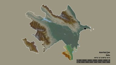 Başkenti, ana bölgesel bölümü ve ayrılmış Lankaran bölgesiyle Azerbaycan 'ın dejenere edilmiş şekli. Etiketler. Topografik yardım haritası. 3B görüntüleme