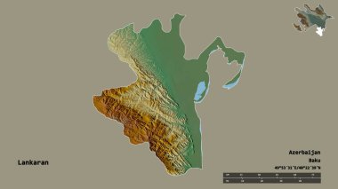 Lankaran 'ın şekli, Azerbaycan bölgesi, başkenti katı bir zemin üzerinde izole edilmiş. Uzaklık ölçeği, bölge önizlemesi ve etiketleri. Topografik yardım haritası. 3B görüntüleme