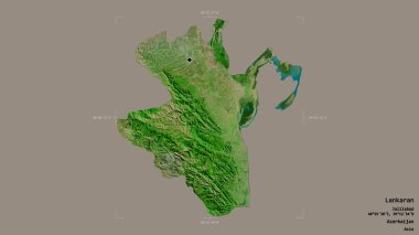 Lankaran bölgesi, Azerbaycan bölgesi, jeoreferatlı bir sınır kutusunda katı bir zemin üzerinde izole edilmiş. Etiketler. Uydu görüntüleri. 3B görüntüleme