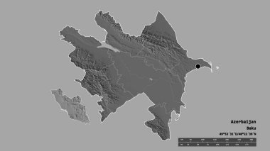 Başkenti, ana bölgesel bölümü ve ayrılmış Nakhchivan bölgesiyle Azerbaycan 'ın dejenere edilmiş şekli. Etiketler. Çift seviyeli yükseklik haritası. 3B görüntüleme