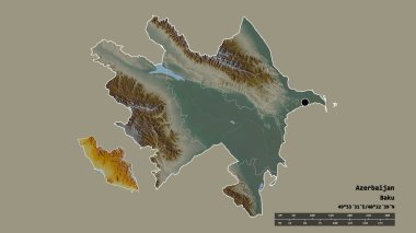 Başkenti, ana bölgesel bölümü ve ayrılmış Nakhchivan bölgesiyle Azerbaycan 'ın dejenere edilmiş şekli. Etiketler. Topografik yardım haritası. 3B görüntüleme