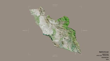 Nakhchivan bölgesi, Azerbaycan bölgesi, katı bir zemin üzerinde izole edilmiş bir sınır kutusunda. Etiketler. Uydu görüntüleri. 3B görüntüleme