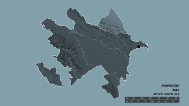 Başkenti, ana bölgesel bölümü ve ayrılmış Quba-Khachmaz bölgesiyle Azerbaycan 'ın dejenere edilmiş şekli. Etiketler. Renkli yükseklik haritası. 3B görüntüleme