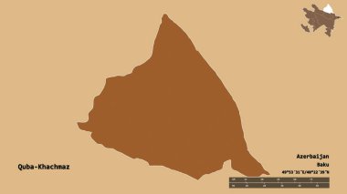 Quba-Khachmaz, Azerbaycan bölgesi, başkenti sağlam arka planda izole edilmiş. Uzaklık ölçeği, bölge önizlemesi ve etiketleri. Desenli dokuların bileşimi. 3B görüntüleme