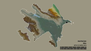 Başkenti, ana bölgesel bölümü ve ayrılmış Quba-Khachmaz bölgesiyle Azerbaycan 'ın dejenere edilmiş şekli. Etiketler. Topografik yardım haritası. 3B görüntüleme