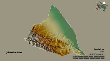 Quba-Khachmaz, Azerbaycan bölgesi, başkenti sağlam arka planda izole edilmiş. Uzaklık ölçeği, bölge önizlemesi ve etiketleri. Topografik yardım haritası. 3B görüntüleme