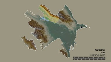 Başkenti, ana bölgesel bölümü ve ayrılmış Shaki-Zaqatala bölgesiyle birlikte Azerbaycan 'ın deforme edilmiş şekli. Etiketler. Topografik yardım haritası. 3B görüntüleme