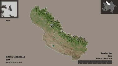 Shaki-Zaqatala 'nın şekli, Azerbaycan bölgesi ve başkenti. Uzaklık ölçeği, ön gösterimler ve etiketler. Uydu görüntüleri. 3B görüntüleme