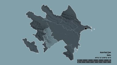 Başkenti, ana bölgesel bölümü ve ayrılmış Yukhari-Karabağ bölgesi ile Azerbaycan 'ın dejenere edilmiş şekli. Etiketler. Renkli yükseklik haritası. 3B görüntüleme