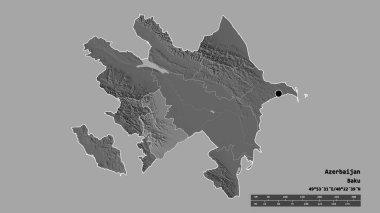 Başkenti, ana bölgesel bölümü ve ayrılmış Yukhari-Karabağ bölgesi ile Azerbaycan 'ın dejenere edilmiş şekli. Etiketler. Çift seviyeli yükseklik haritası. 3B görüntüleme