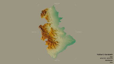 Yukhari-Karabakh bölgesi, Azerbaycan bölgesi, jeoreferatlı bir sınır kutusunun sağlam bir arka planında izole edilmiş. Etiketler. Topografik yardım haritası. 3B görüntüleme