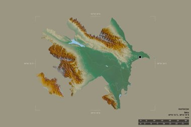 Azerbaycan bölgesi katı bir arka planda izole edilmiş bir sınır kutusunda. Ana bölgesel bölüm, mesafe ölçeği, etiketler. Topografik yardım haritası. 3B görüntüleme